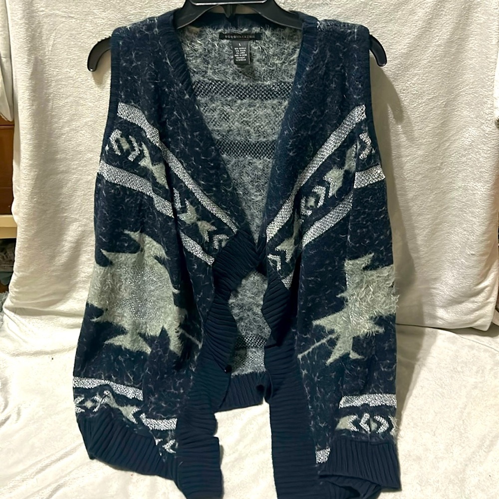Navy, silver, long vest.